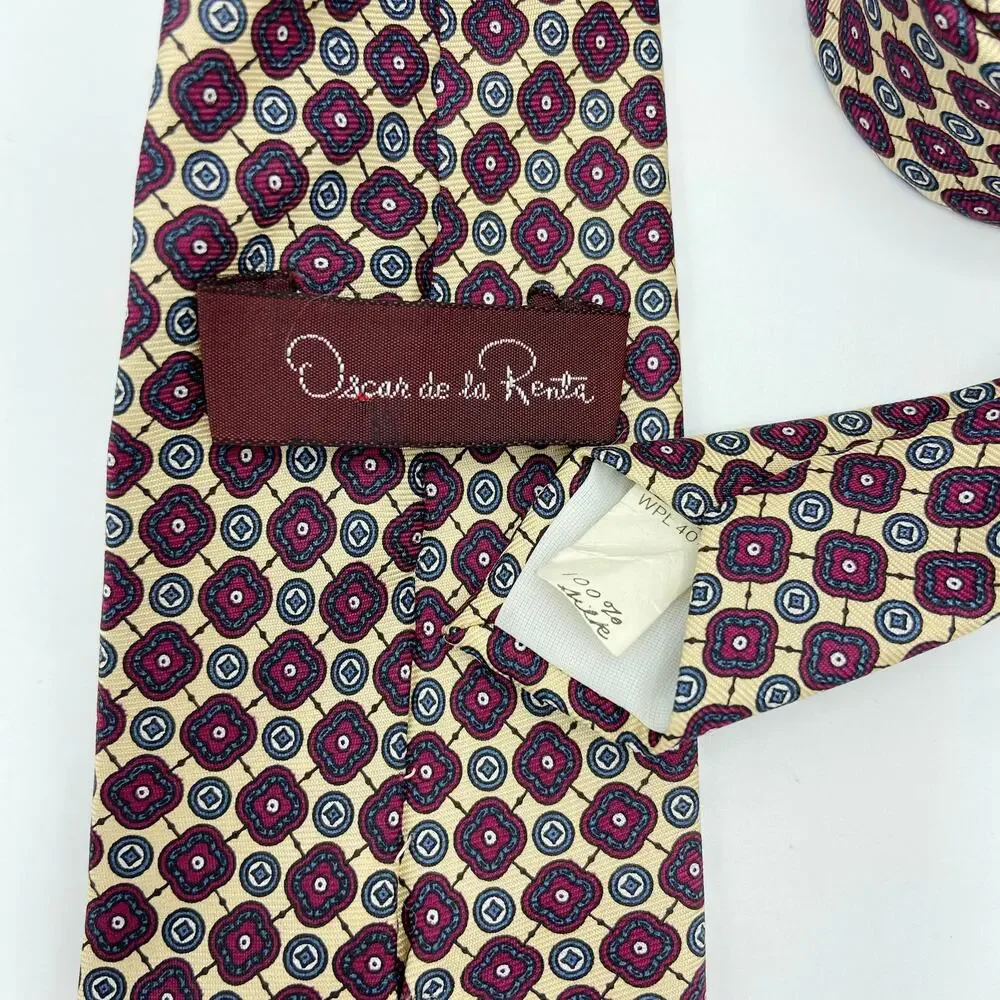 Oscar De La Renta Silk‎ Necktie Geometric Foulard Burgundy Beige